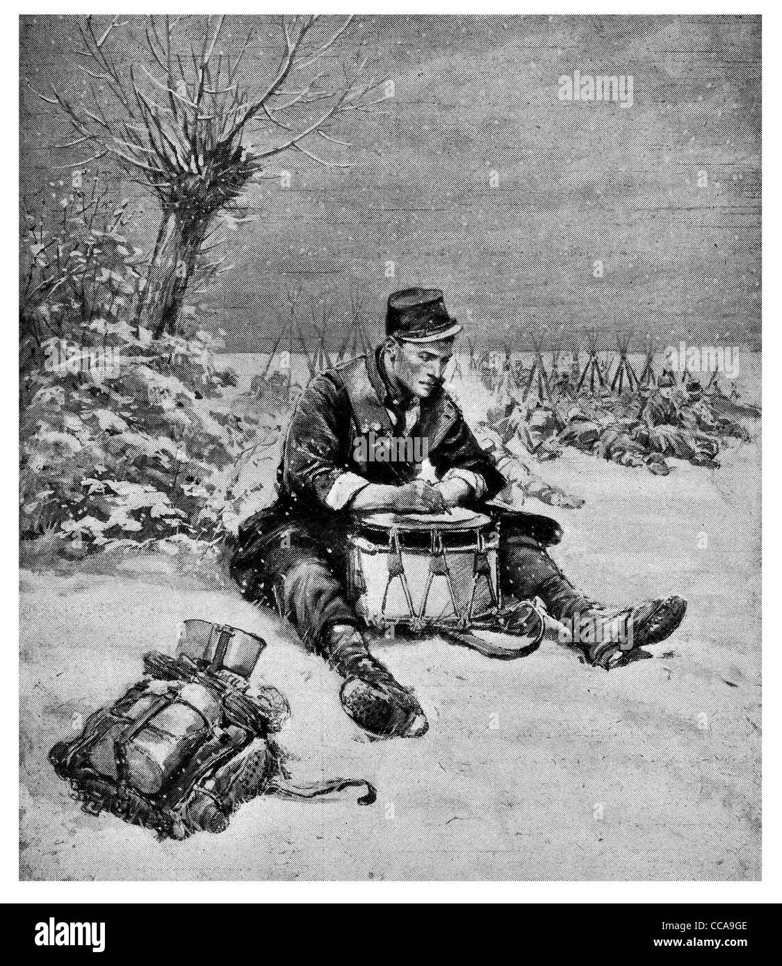 1914 Noel Weihnachtsbrief von der Schlachtfeld-Winter-Schlagzeuger schneit Schnee kalten Heimat Geliebte Frau Familie traurig müde Stift Papier Stockfoto