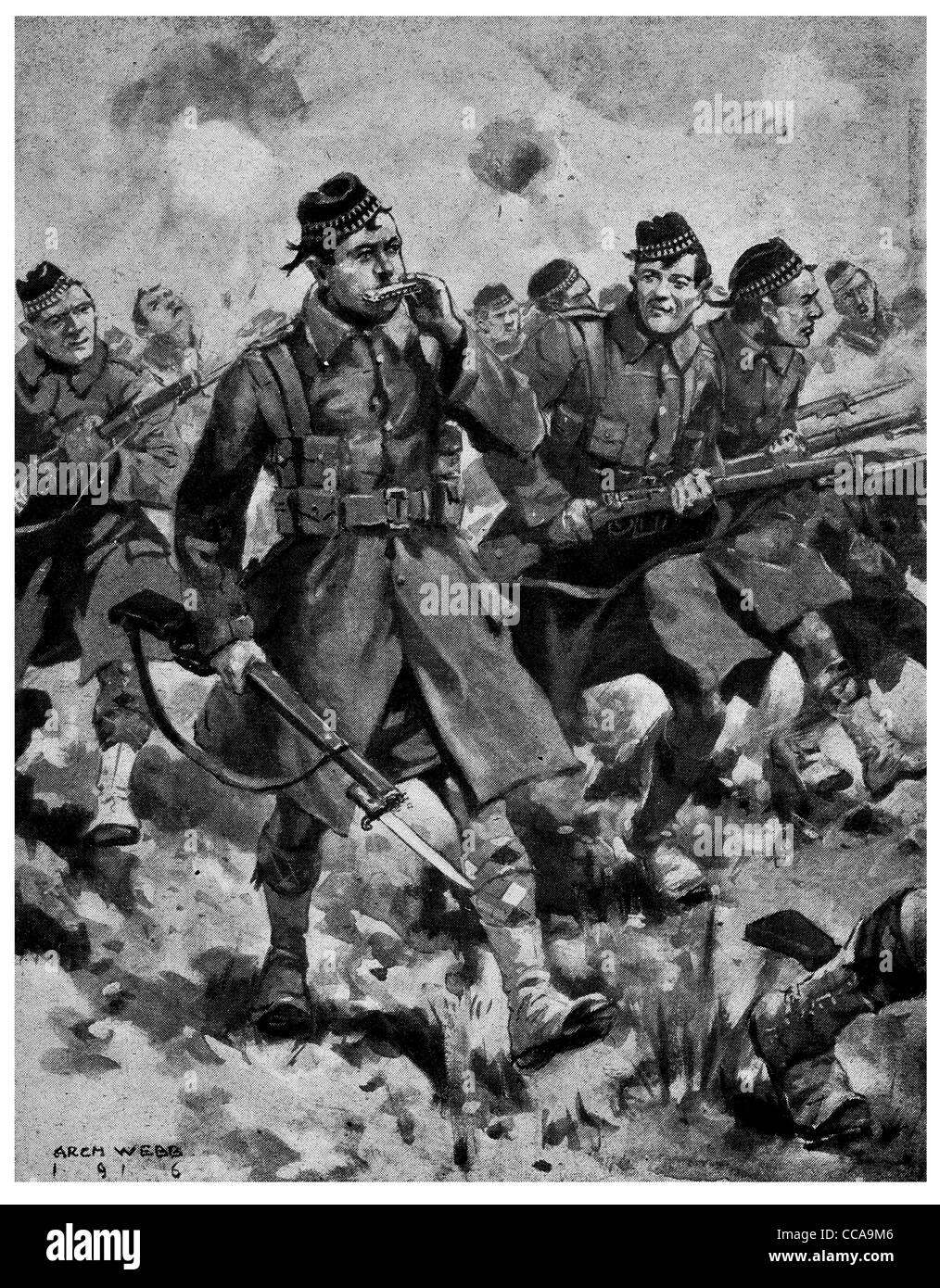 Schottische Highlander General Machlandes spielen Mundharmonika 1916 Mundharmonika Musik Mut mutig Scott Rifle Bajonett kostenlos Graben Stockfoto