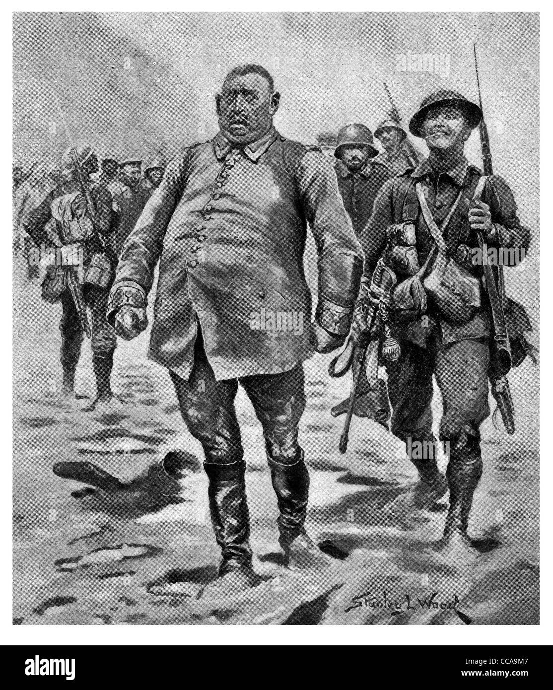 Pompöse deutscher Offizier getroffen Gefangene britische 1915 Fett Coward stolze englische Garde Eskorte marschieren General Commander Stockfoto