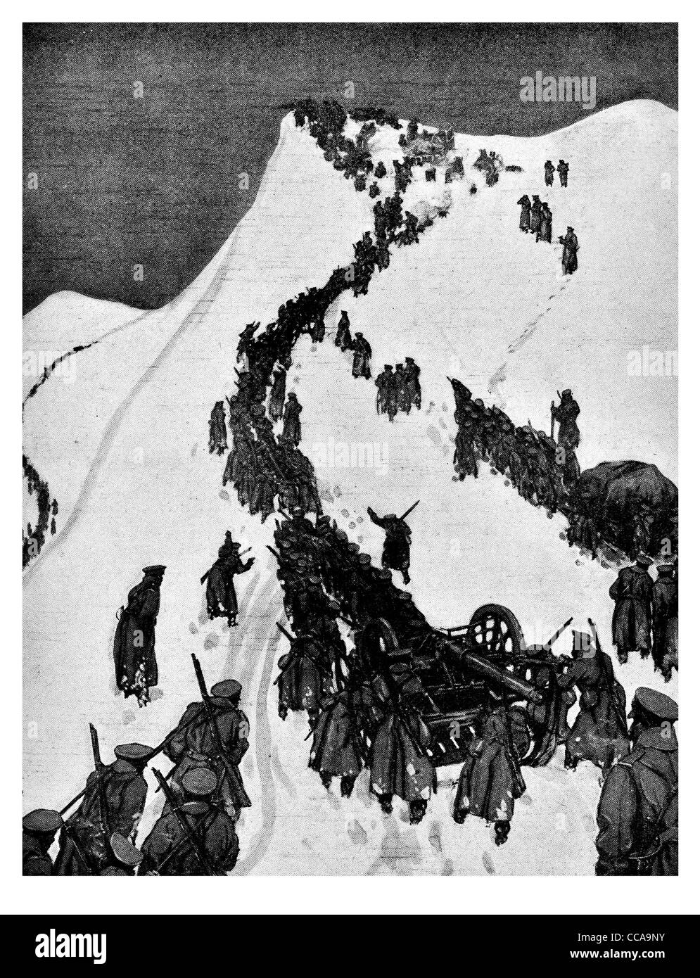 Dukla Pass Artillerie Karpaten Winter Kabelbaum Männer Ostfront ziehen ziehen Bereich Waffen Pistole Schnee Eis einfrieren, Abschleppen Stockfoto