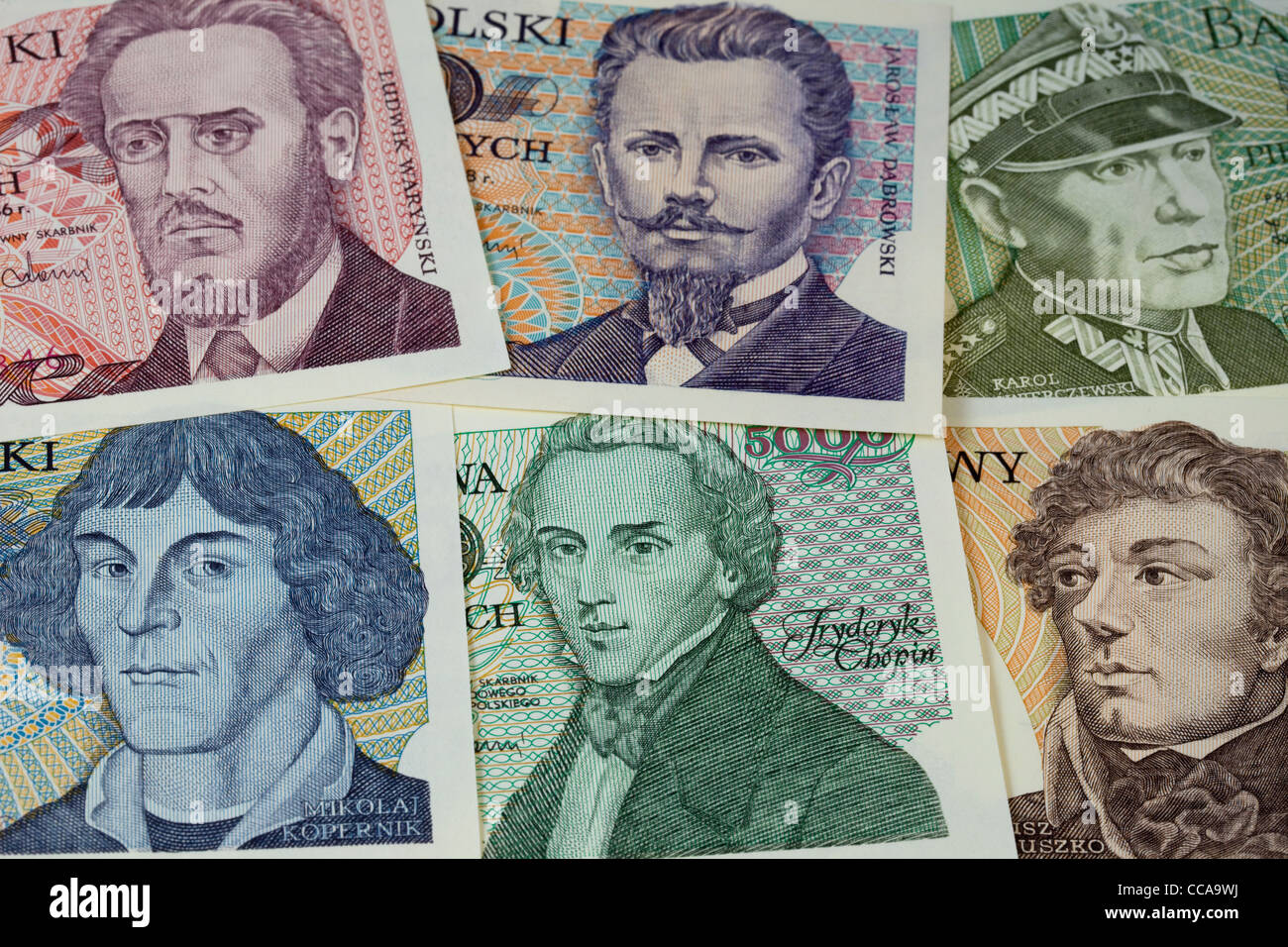 historische Portraits (einschließlich Chopin und Copernicus) auf Vintage Banknoten aus Polen (1970er Jahre) Stockfoto