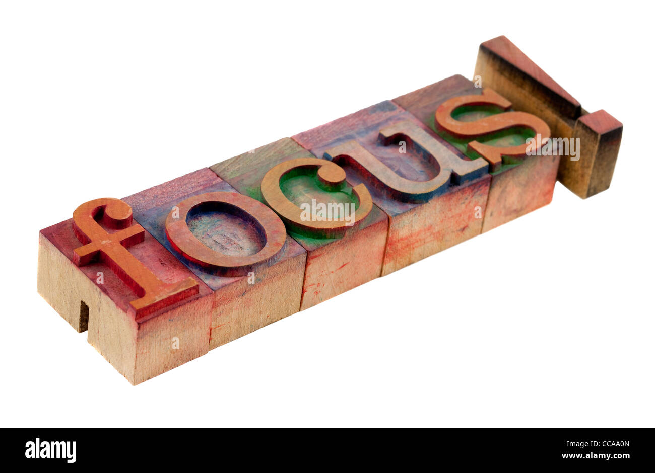 das Wort Fokus mit Ausrufezeichen in Vintage Holz Buchdruck Art Blöcke, befleckt von Farbtinte, isoliert auf weiss Stockfoto