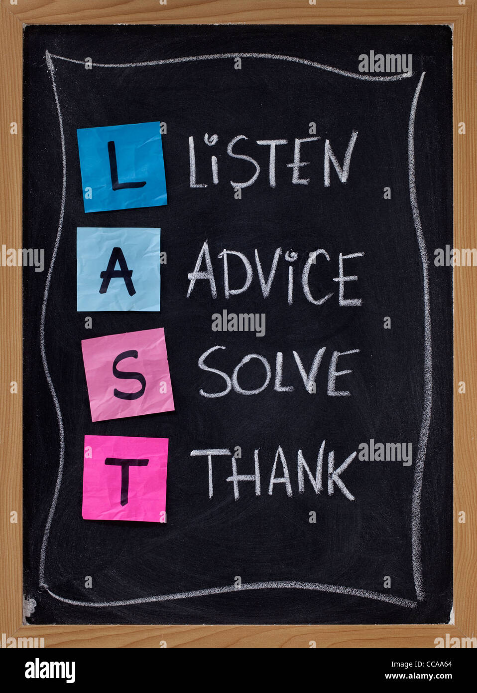 LETZTE (hören, Beratung, lösen, danke!)-Abkürzung für Training-Kunden-Service und Bearbeitung von Beschwerden. Blackboard Stockfoto