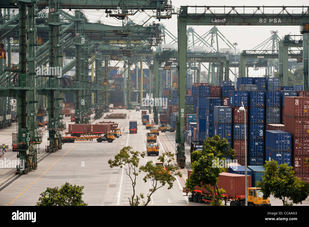 LKW-Transport-Container am Kai des Terminals Brani am Hafen von Singapur. Stockfoto