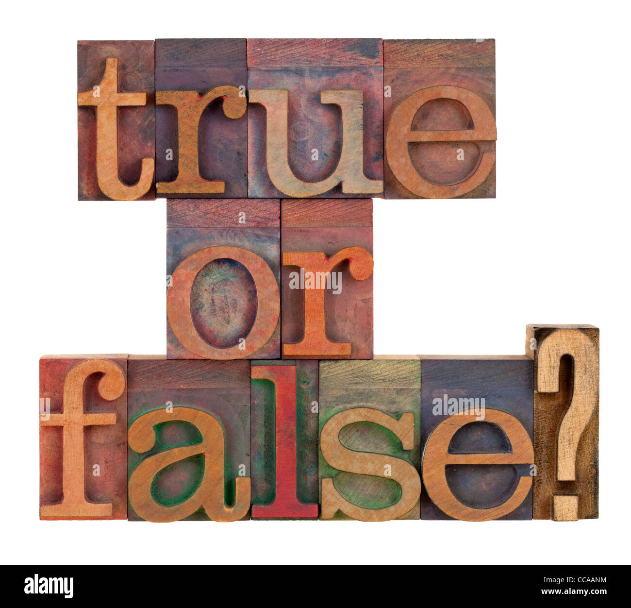 True oder false Frage in Vintage Buchdruck Art Blöcke durch Farbe Tinten, isoliert auf weiss gebeizt Stockfoto