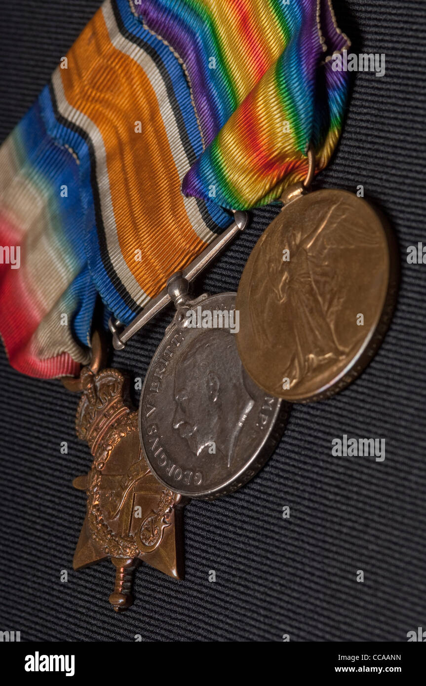 Nahaufnahme von Pip, Squeak und Wilfred, drei Kampagnenmedaillen des ersten britischen Weltkriegs, 1914 - 1915 Star, British war Medal, Victory Medal Stockfoto