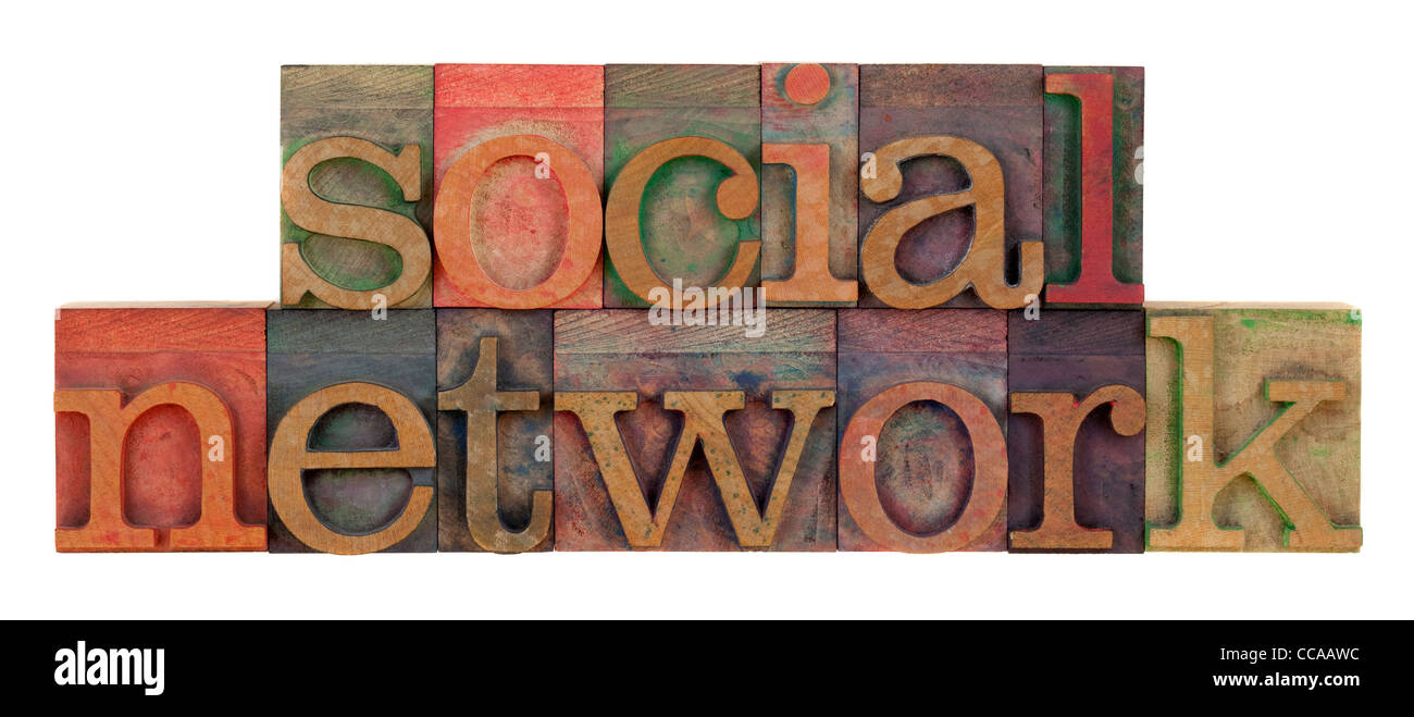 soziales Netzwerk Wörter in Vintage Holz Buchdruck Typ, befleckt von Farbtinte, isoliert auf weiss Stockfoto