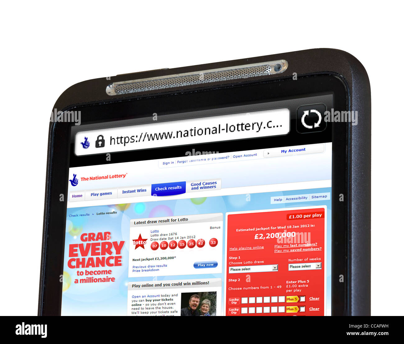 Der UK National Lottery Website auf einem HTC-smartphone Stockfoto