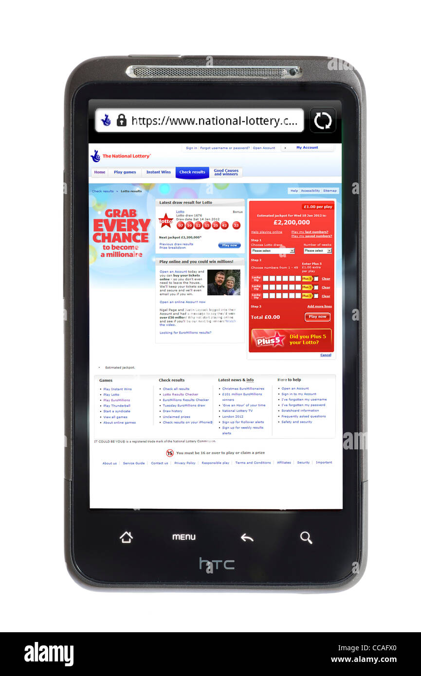 Der UK National Lottery Website auf einem HTC-smartphone Stockfoto
