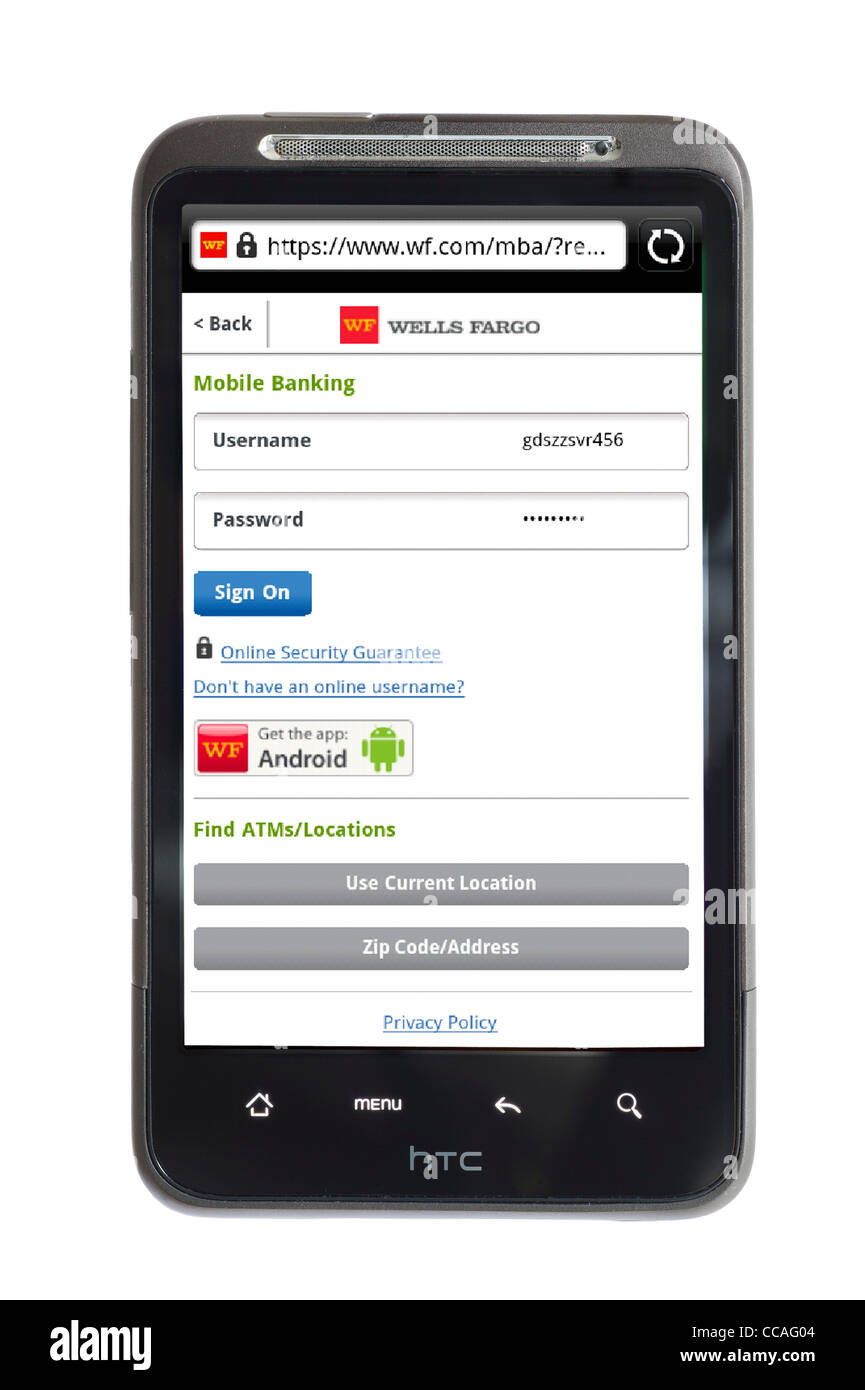 Anmeldung Online-mobile Banking mit Wells Fargo Bank auf einem HTC-smartphone Stockfoto