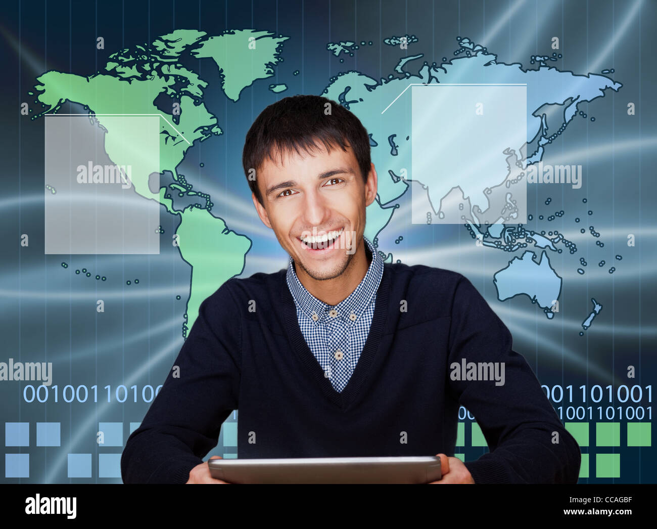 Ein Business-Mann nutzt das Internet. Eine Karte der Erde mit leuchtenden Punkte der Standorte und Linien von Verbindungen und Stockfoto