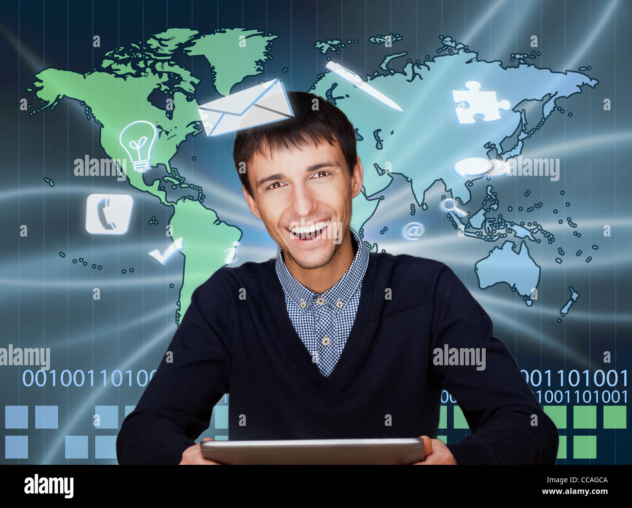 Ein Business-Mann nutzt das Internet. Eine Karte der Erde mit leuchtenden Punkte der Standorte und Linien von Verbindungen und Stockfoto