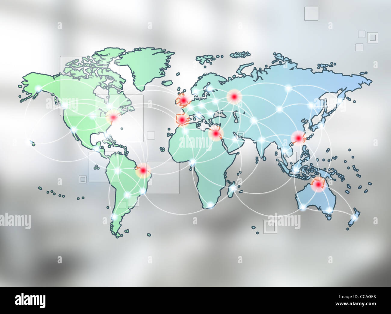 Globales Networking-Symbol der internationalen Kommunikation mit eine Welt-Karte-Konzept mit Verbindungstür Technologie Gemeinschaften Stockfoto