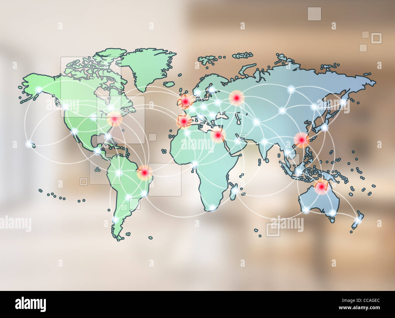 Globales Networking-Symbol der internationalen Kommunikation mit eine Welt-Karte-Konzept mit Verbindungstür Technologie Gemeinschaften Stockfoto