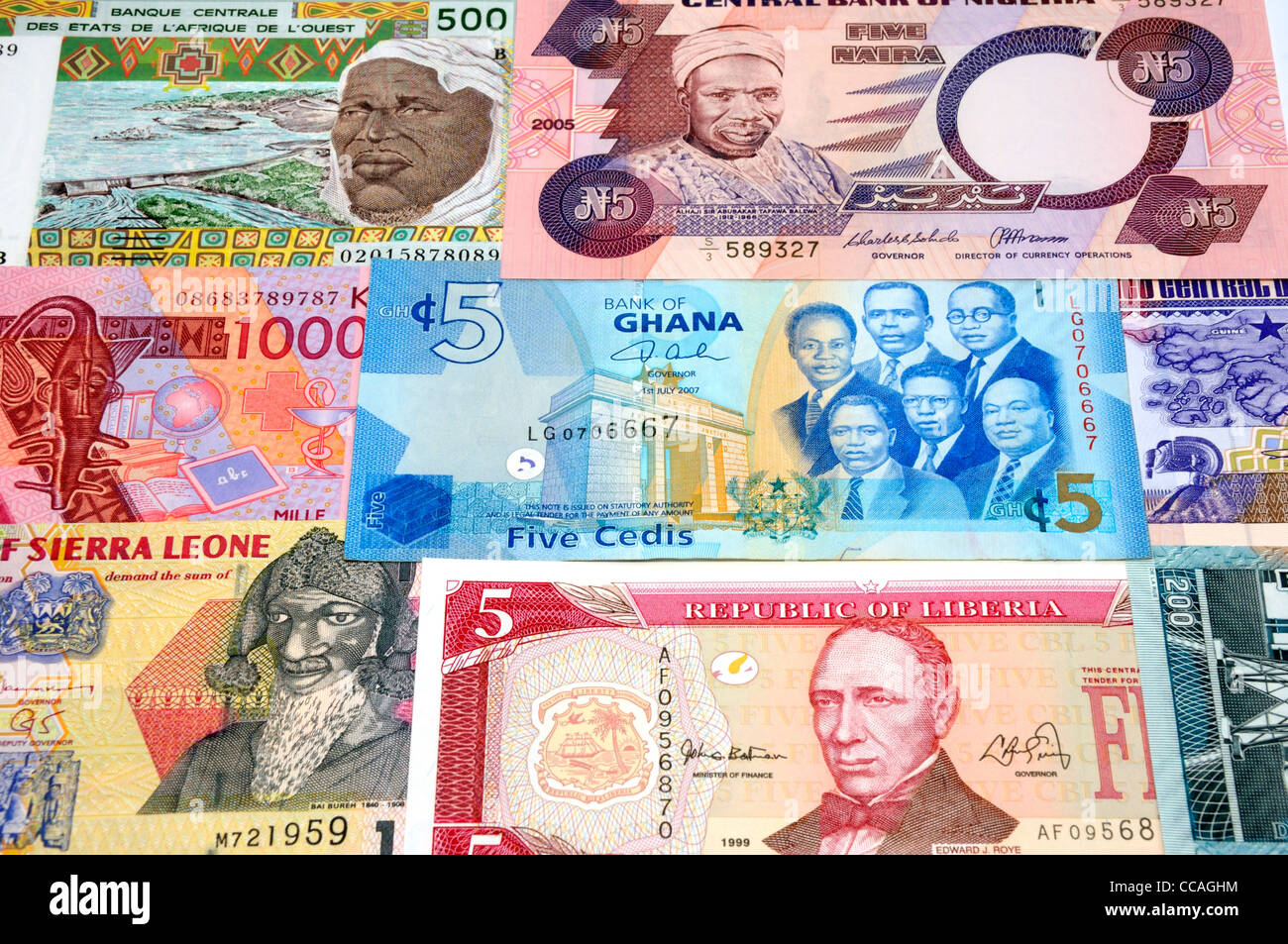 Westafrikanische Banknoten. Stockfoto