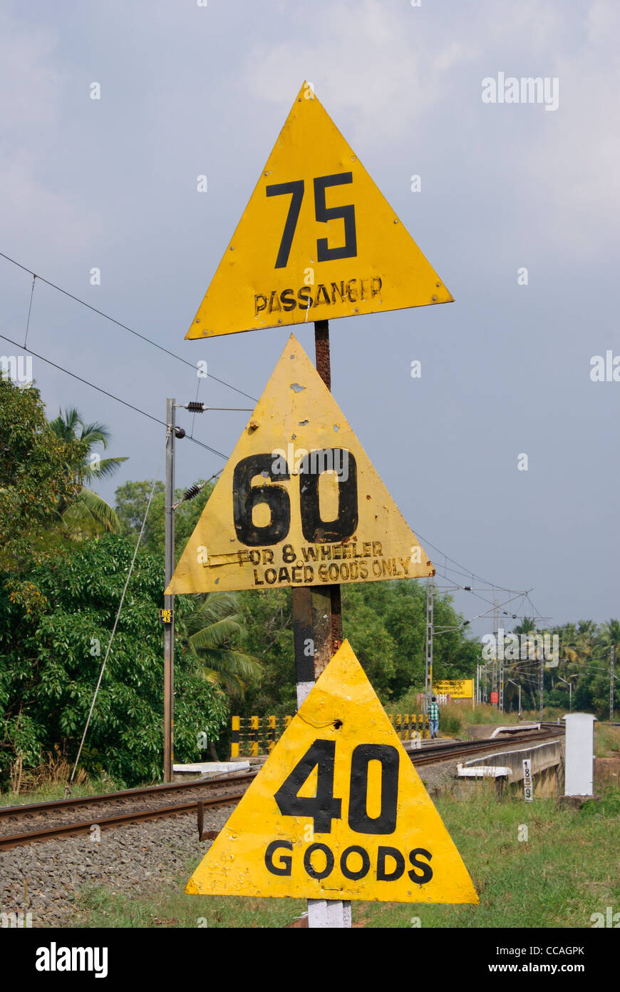 Eisenbahn-Schild über Tempolimit für verschiedene Züge einschließlich PKW, Zug waren usw. Stockfoto