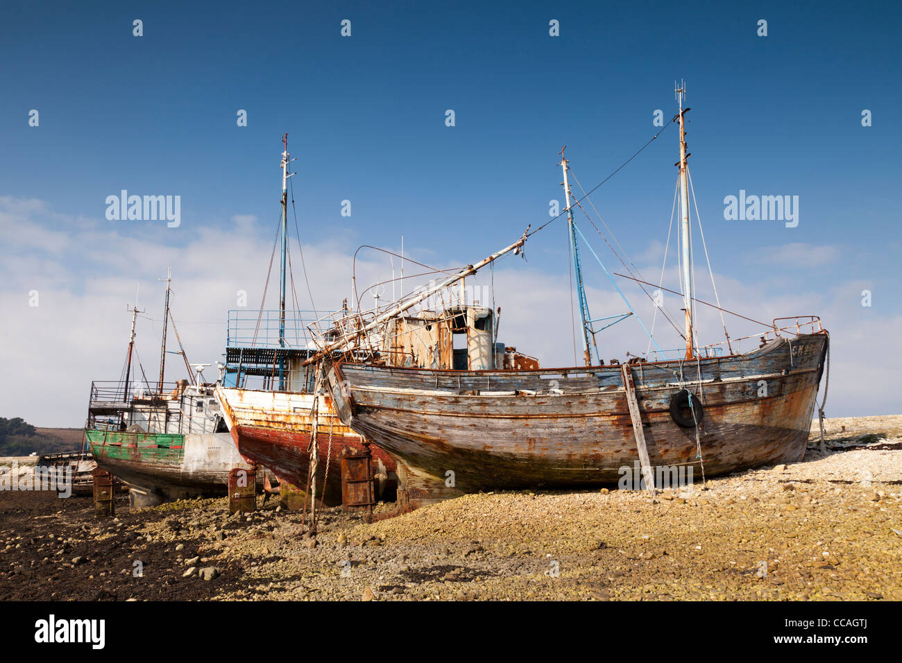 Alten Fischerboote auf dem Kies im Hafen von Camaret Sur Mer, Bretagne, Frankreich ausgearbeitet. Stockfoto