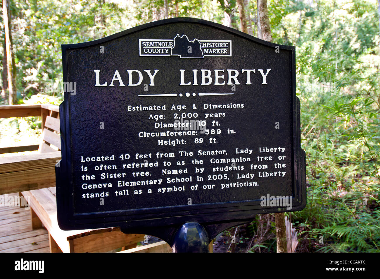 Lady Liberty Tree Zeichen für 2000-Year-Old Florida Champion kahle Zypresse, Big Tree Park Longwood, Florida Stockfoto