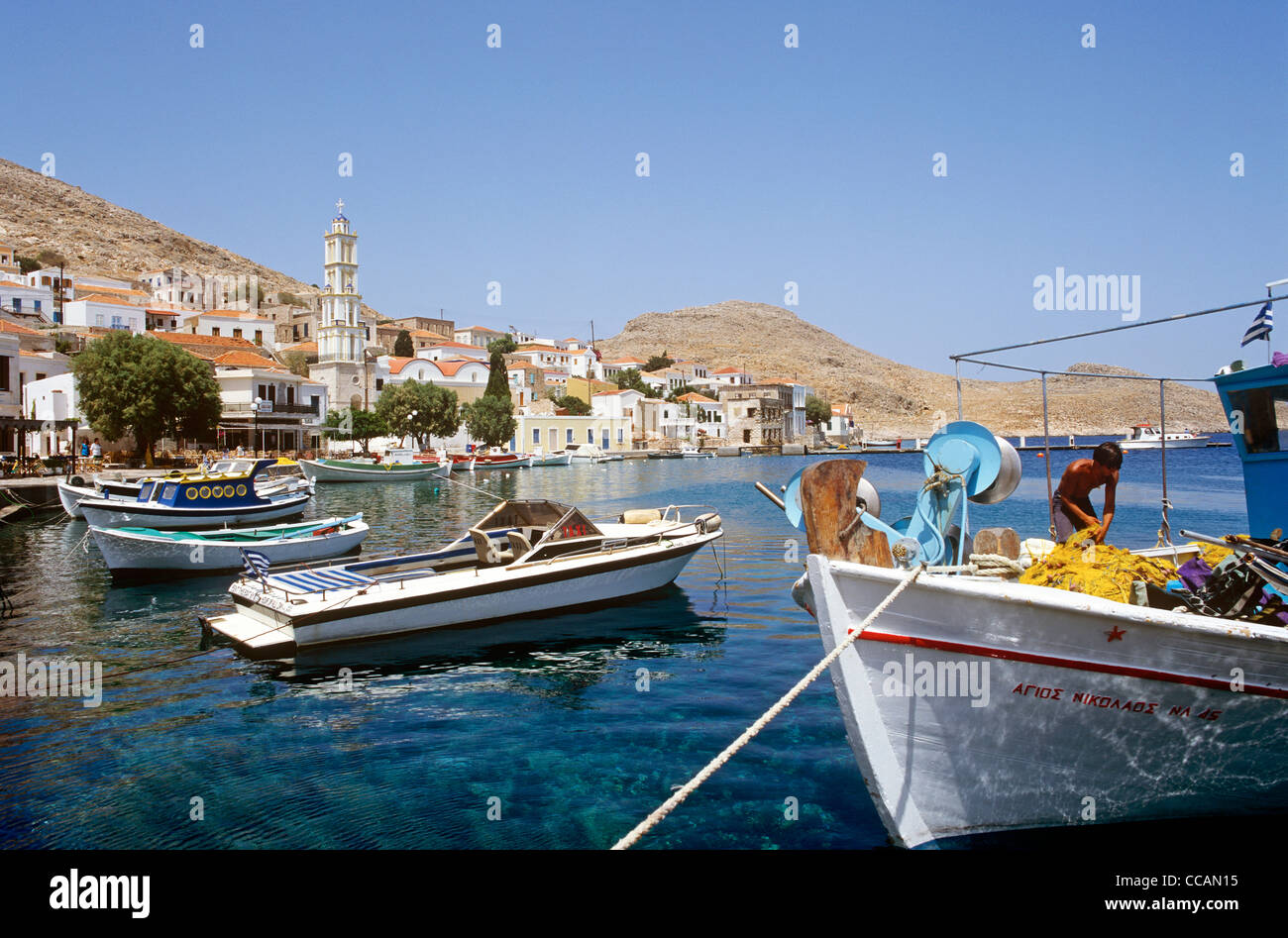 Der Hafen Halki griechischen Inseln Griechenlands Stockfoto