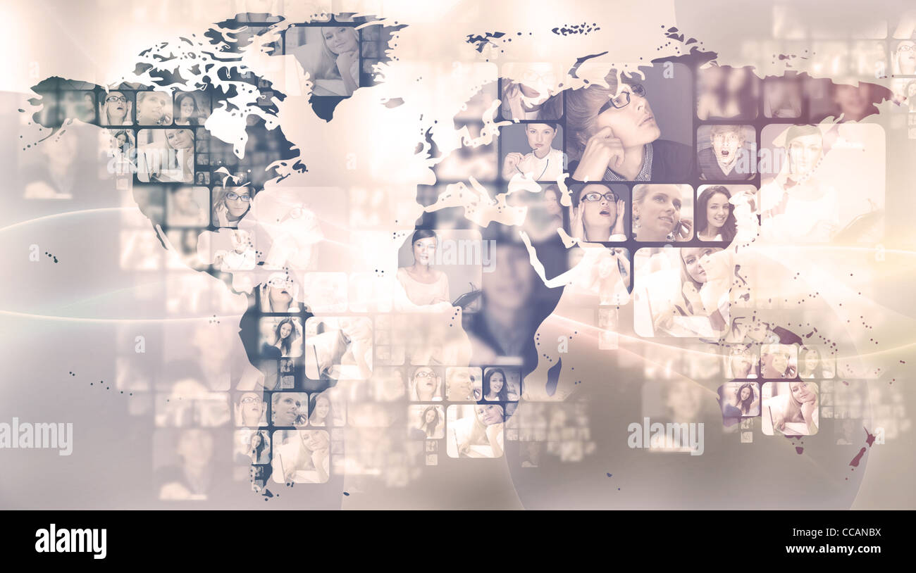 Foto von Geschäftsleuten Glühen auf Weltkarte. Auslandsgeschäft Kommunikationskonzept Stockfoto