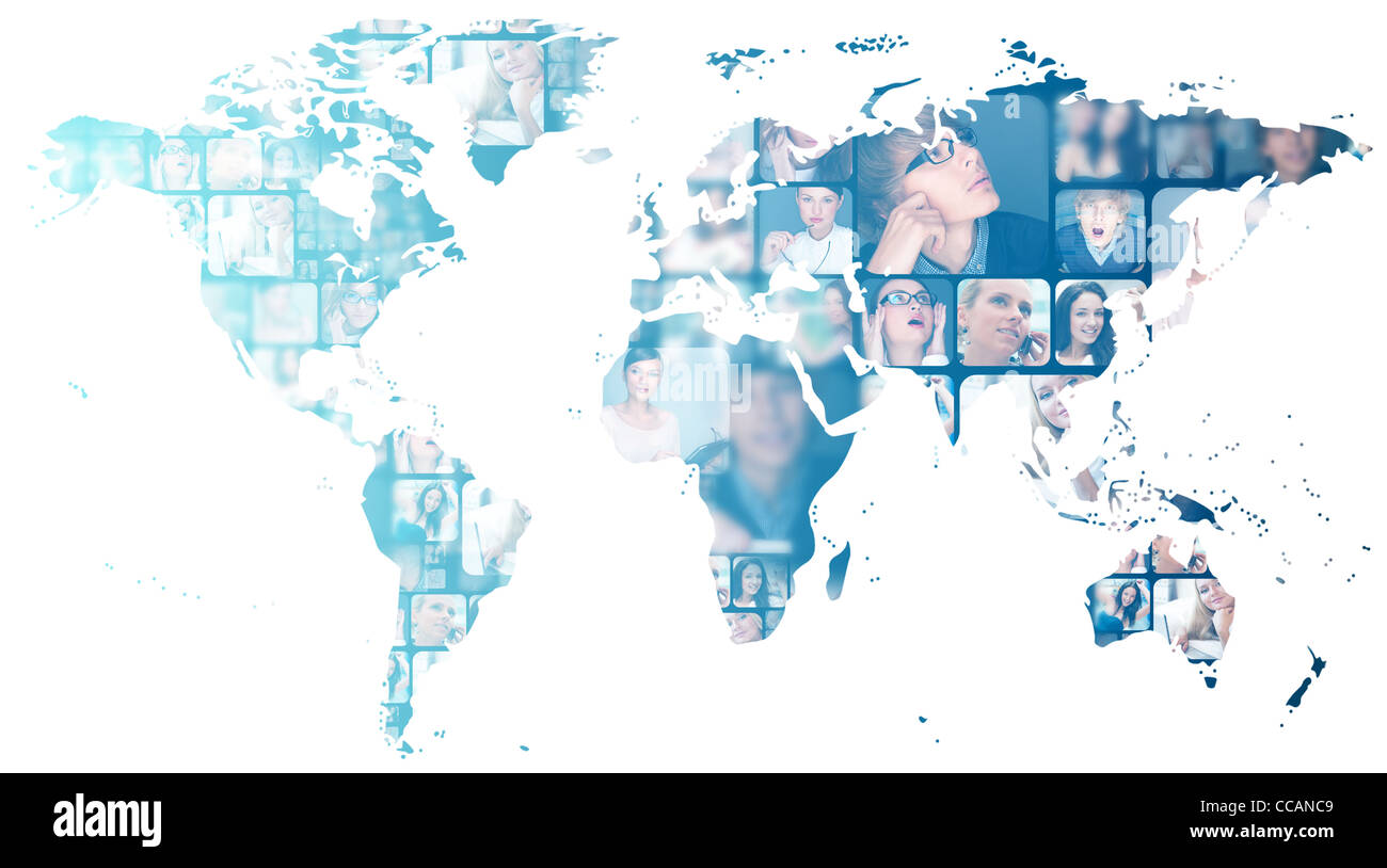 Foto von Geschäftsleuten Glühen auf Weltkarte. Auslandsgeschäft Kommunikationskonzept Stockfoto