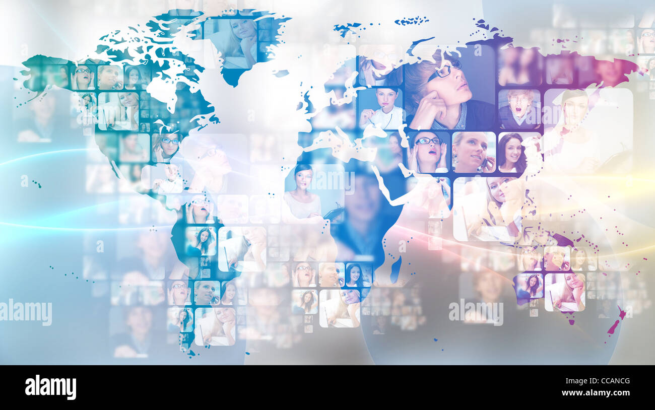 Foto von Geschäftsleuten Glühen auf Weltkarte. Auslandsgeschäft Kommunikationskonzept Stockfoto