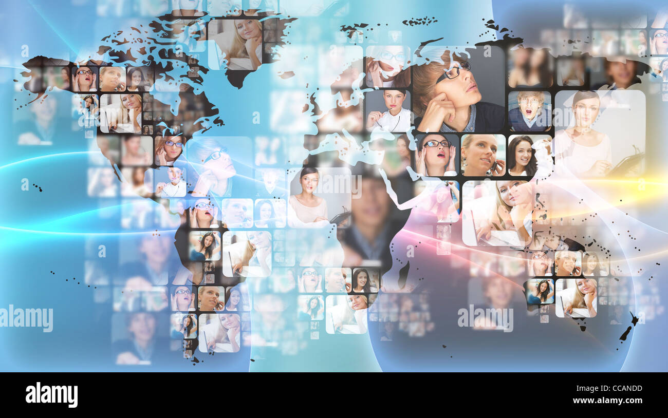 Foto von Geschäftsleuten Glühen auf Weltkarte. Auslandsgeschäft Kommunikationskonzept Stockfoto