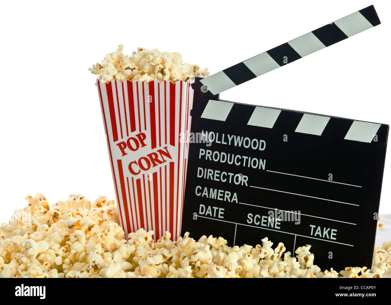 Film-Klappe in Popcorn isoliert auf weiss Stockfoto