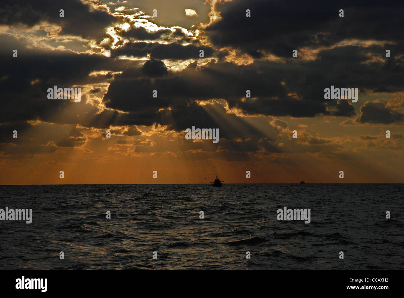 Eine ägyptische Angeln Boot Köpfe in Richtung Hafen bei Sonnenuntergang. Mittelmeer. Stockfoto