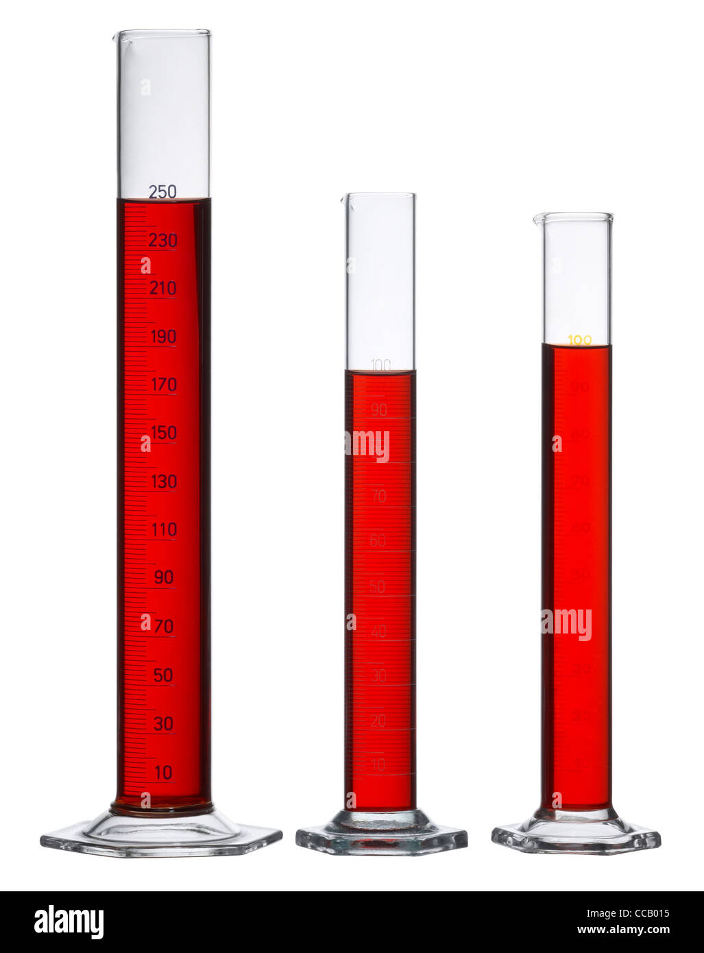 3 Messung Zylinder Glas, gefüllt mit roter Flüssigkeit in weißem Rücken Stockfoto