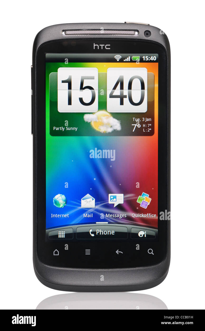 Smartphone HTC Desire S vor einem weißen Hintergrund. Stockfoto