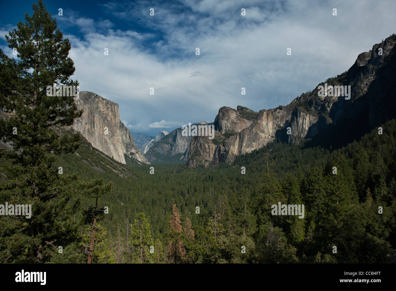 "Tunnel View" Yosemite Valley mit El Capitan, Bridalveil Falls & Half Dome. Yosemite Nationalpark, Kalifornien, USA Stockfoto