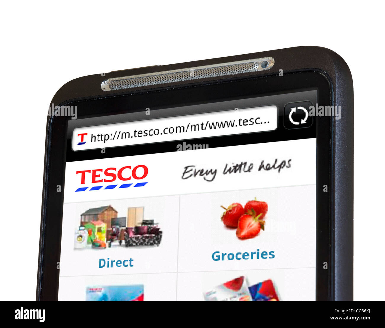 Online-Shopping bei Tesco auf einem HTC-smartphone Stockfoto