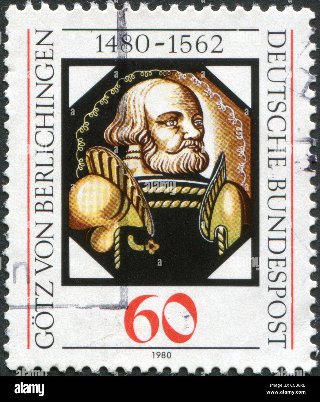Eine Briefmarke gedruckt in Deutschland, gewidmet der 500. Jahrestag der Gottfried "Goetz" von Berlichingen, ca. 1980 Stockfoto