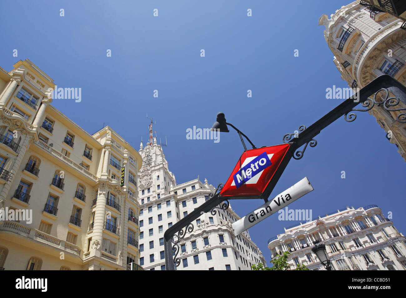 Gran Via Metro Zeichen, Madrid, Spanien Stockfoto