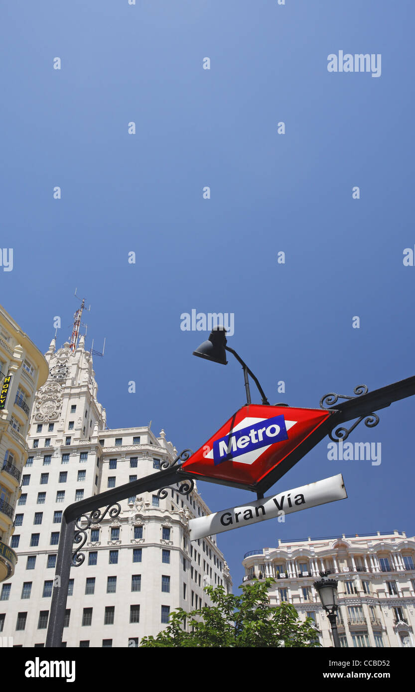 Gran Via Metro Zeichen, Madrid, Spanien Stockfoto