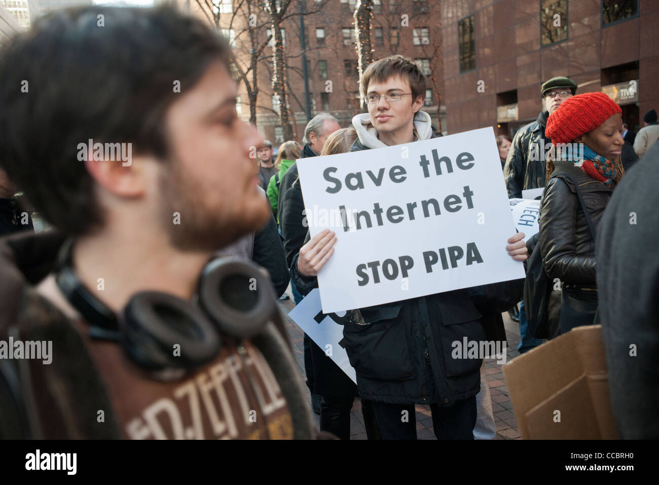 NY Tech Meetup Gruppe Protest in New York über Rechtsvorschriften für Online-Piraterie. Stockfoto
