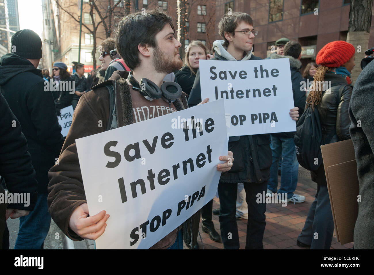 NY Tech Meetup Gruppe Protest in New York über Rechtsvorschriften für Online-Piraterie. Stockfoto