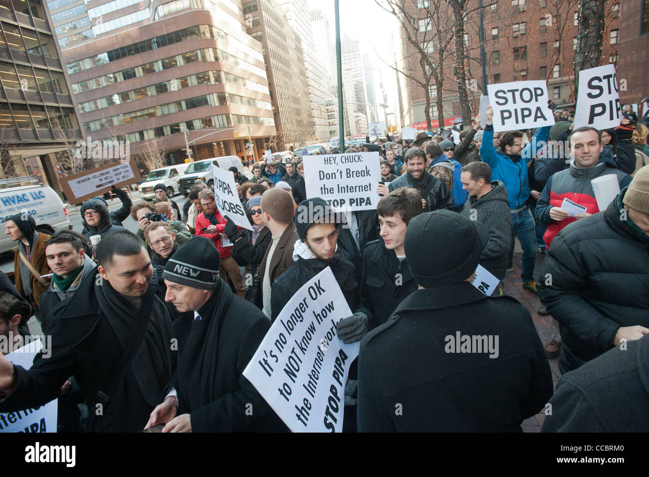 NY Tech Meetup Gruppe Protest in New York über Rechtsvorschriften für Online-Piraterie. Stockfoto