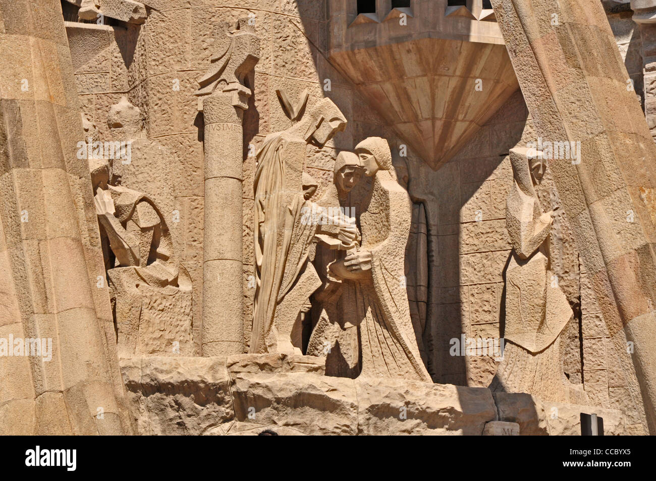 Europa Spanien Barcelona Gaudi unvollständig katholische Kirche Temple Expiatori De La Sagrada Familia Leidenschaft Fassade Detail zeigen m Stockfoto