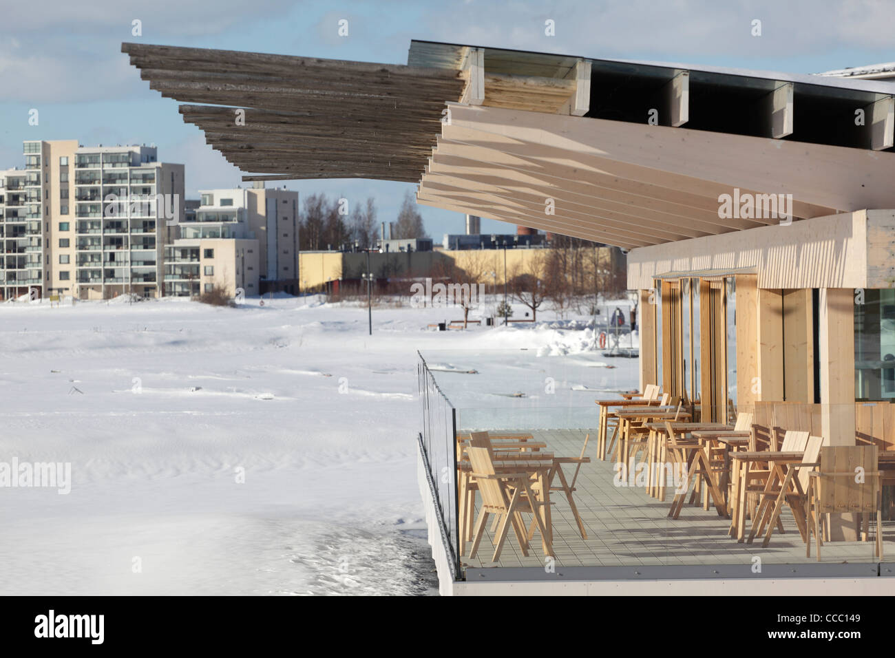 Eine Cafe von der See Vesijärvi wurde ursprünglich im Jahr 2000 von Renzo Piano, der erste Empfänger des beauftragt die Stockfoto