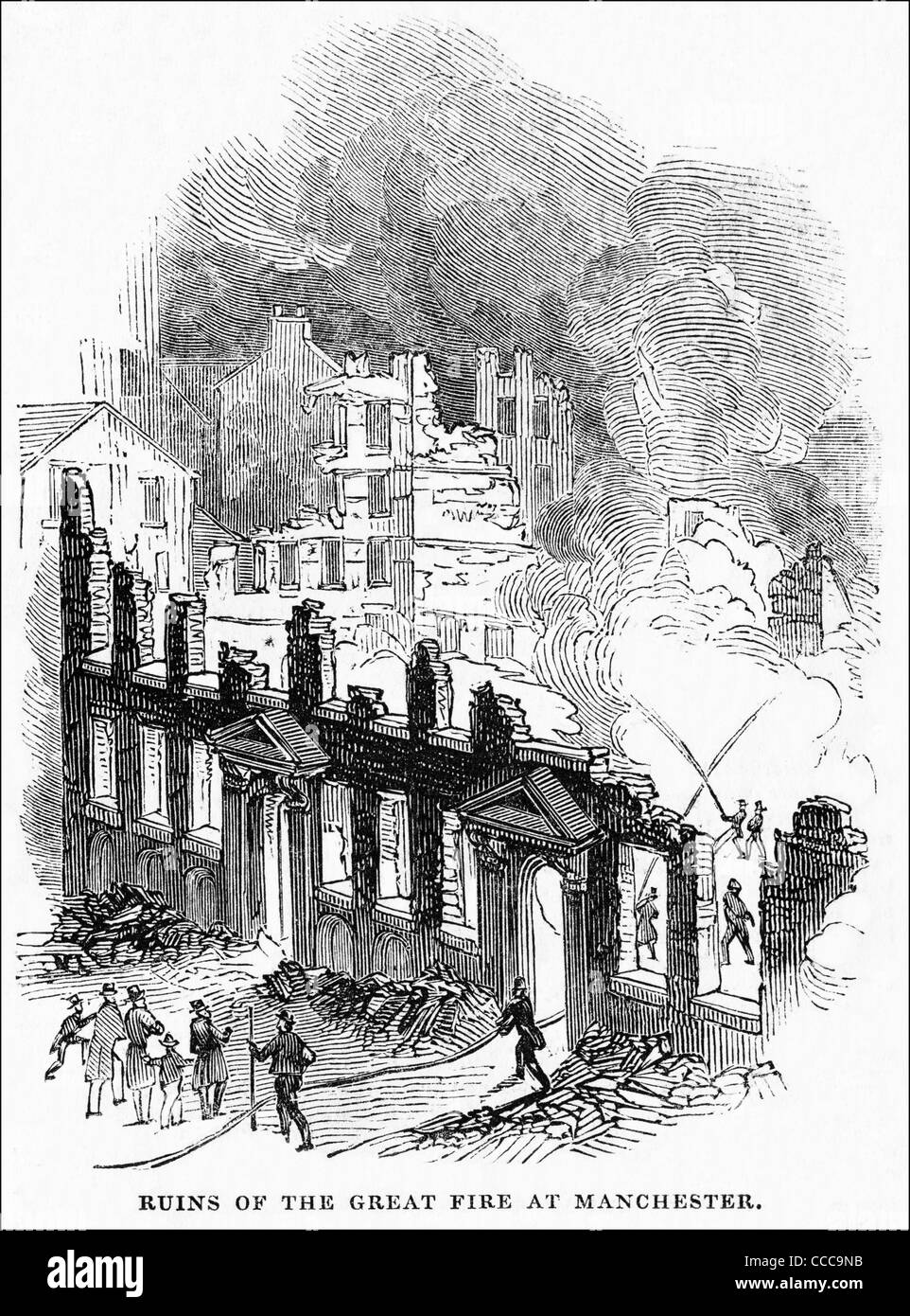 Viktorianische Gravur ca. 1844 von Feuer im George Street Manchester England UK Stockfoto