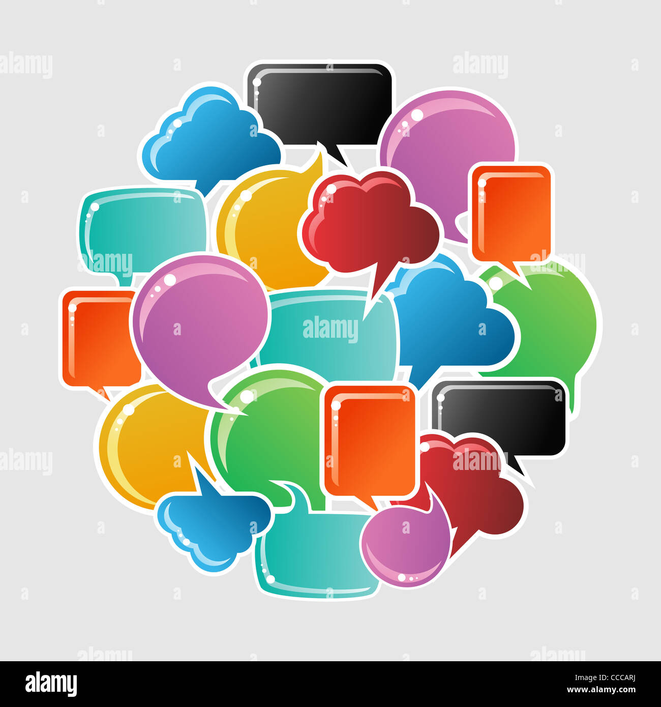 Soziale Sprechblasen in verschiedenen Farben und Formen in Kreis Form Abbildung. Vektor-Datei zur Verfügung. Stockfoto