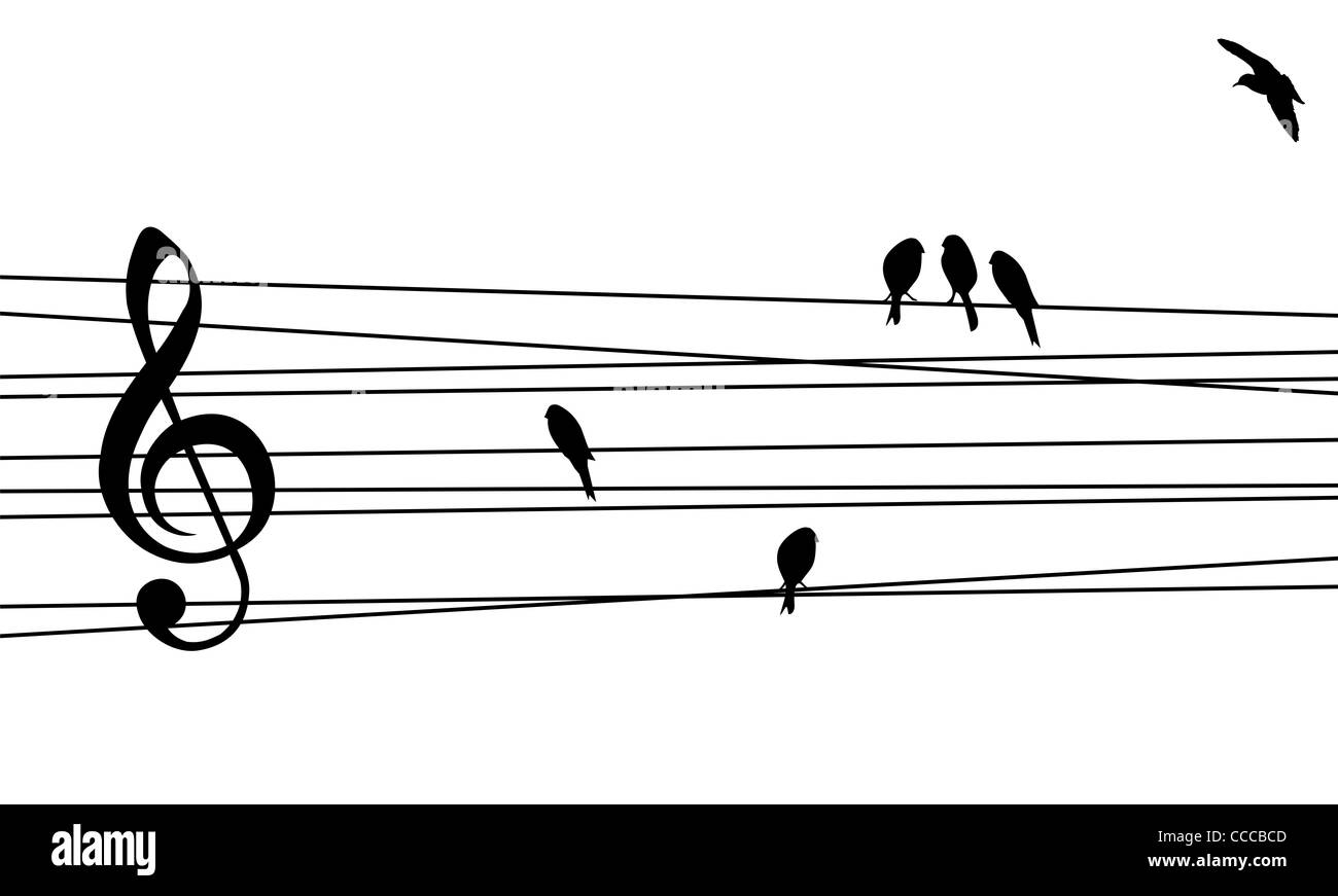 Liebe zur Musik Konzept Illustration. Kontrastreiche musikalische Untermalung für Pentagram und Vögel. Vektor-Datei zur Verfügung. Stockfoto