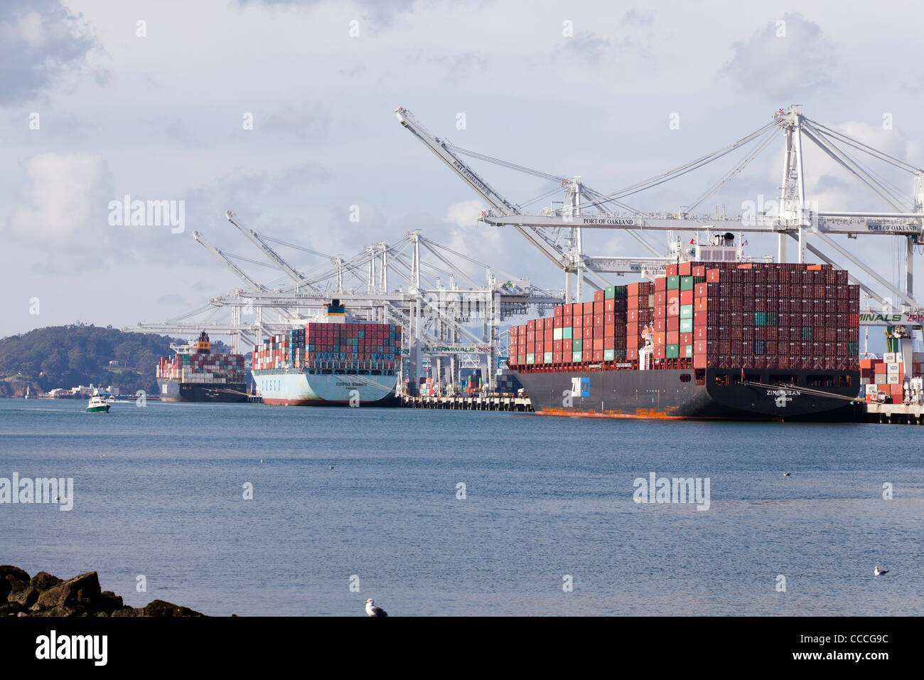 Containerschiffe im Hafen von Oakland - Entladung warten, Kalifornien USA Stockfoto