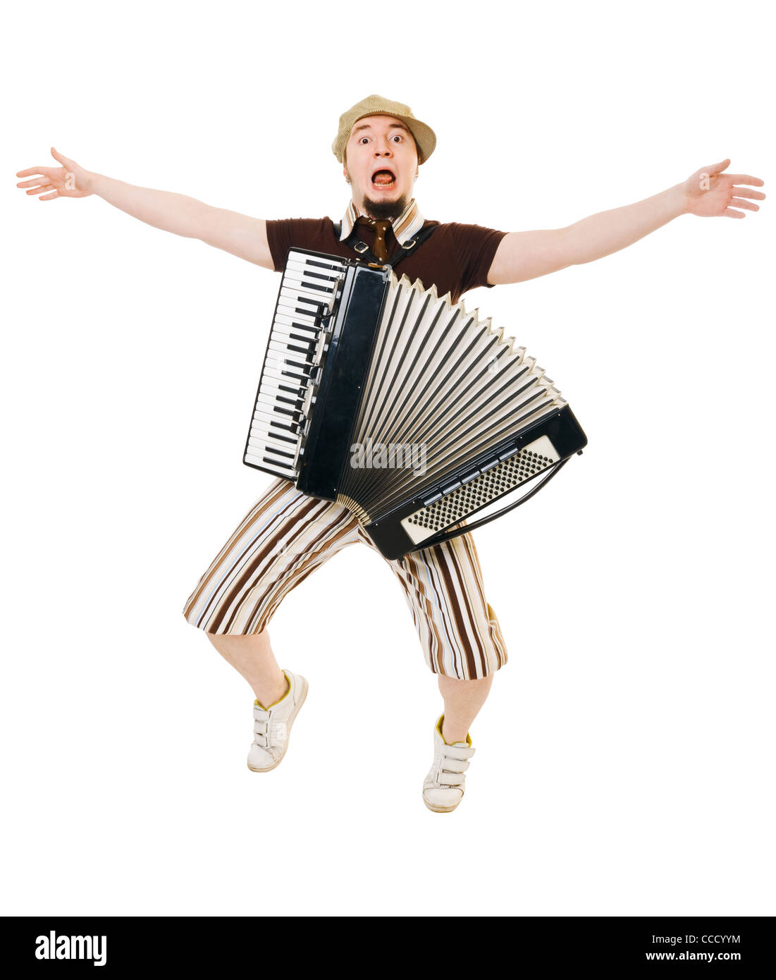 Coole Musiker mit seinem Instrument auf weißem Hintergrund Stockfoto