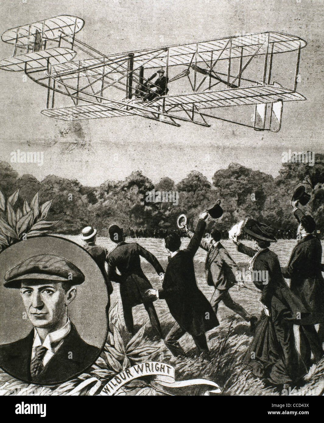 Wilbur Wright (1867-1912). Amerikanischer Flieger. Flugzeug fliegt über das Feld Anvours (Frankreich). Abbildung. Stockfoto