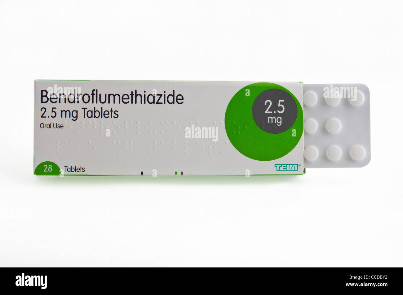 ein Päckchen Bendroflumethiazid Tabletten, ehemals Bendrofluazide, häufig verwendet in der Behandlung von Bluthochdruck. Stockfoto