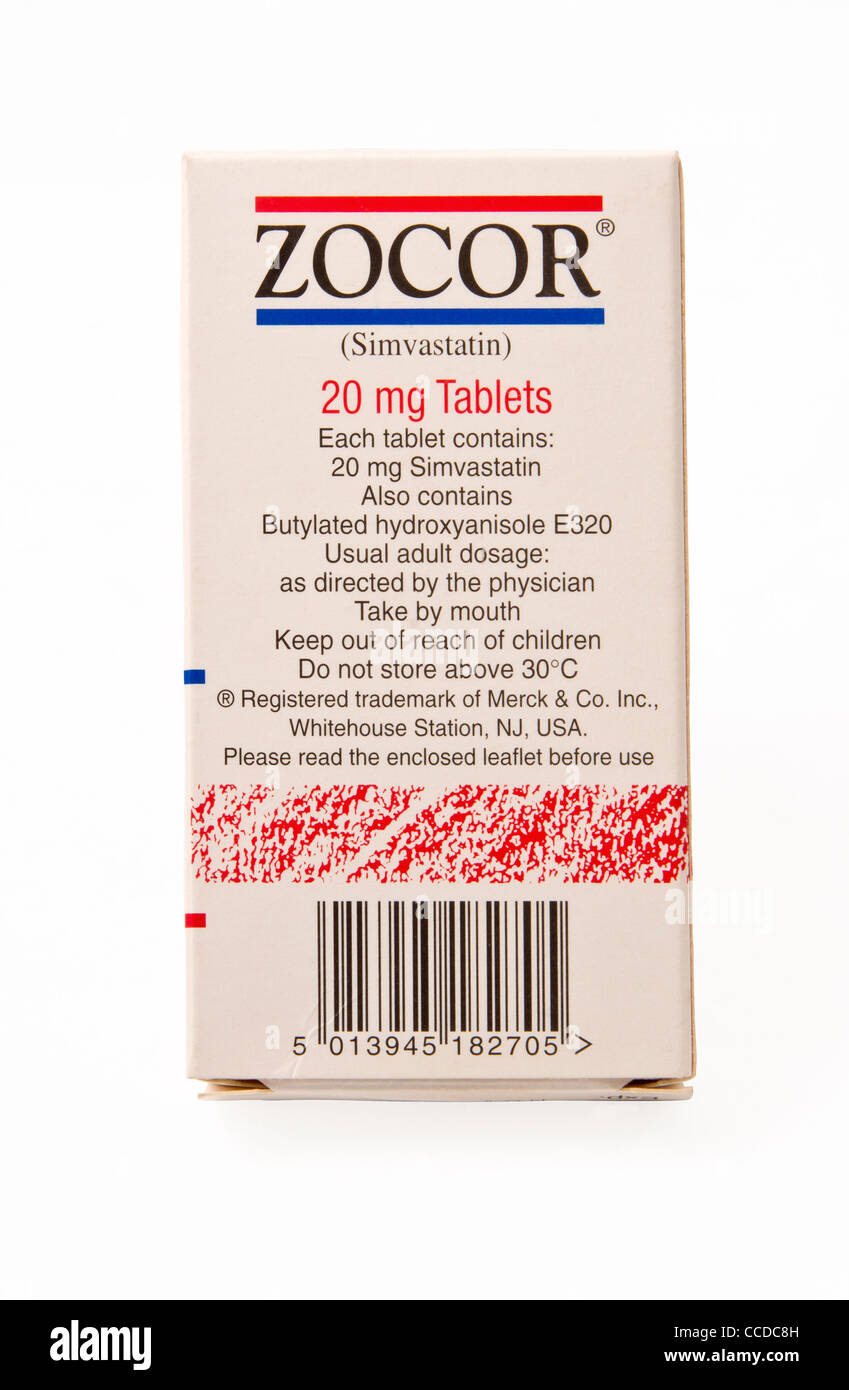 Zocor. Ein Paket von Simvastatin Tabletten von Merck & Co. Inc. hergestellt und vermarktet unter dem Markennamen "Zocor". Stockfoto