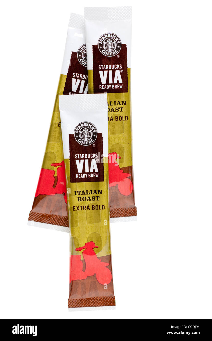 Drei Einzelportionen Beutel von Starbucks Via bereit Brauen instant Microground Kaffee Stockfoto
